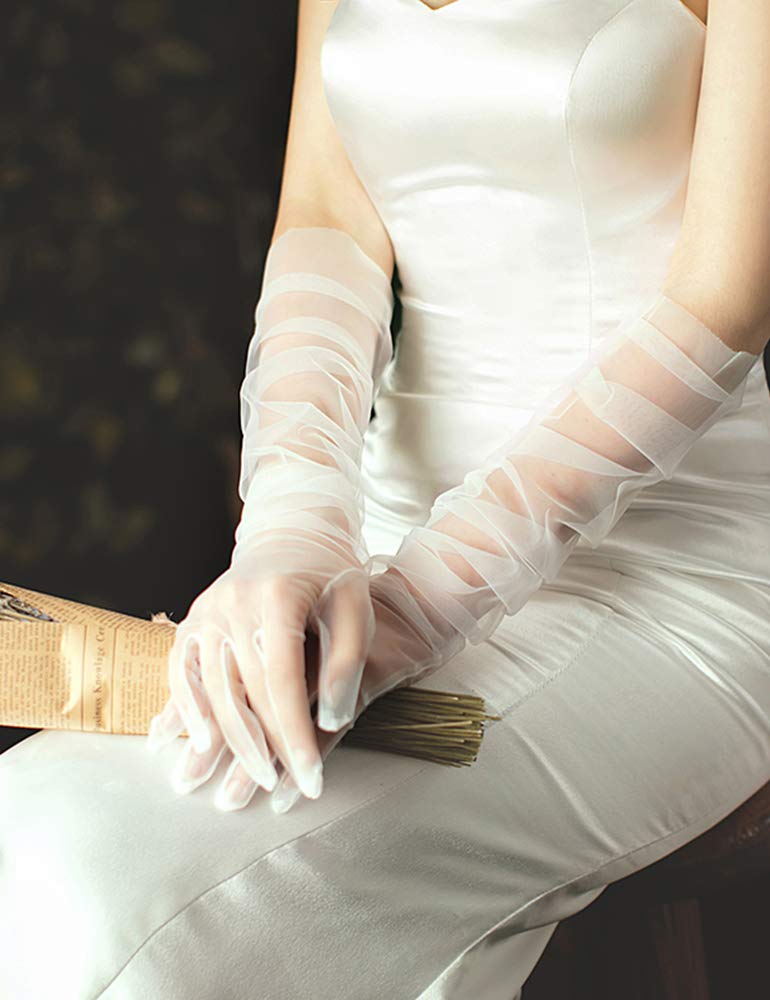 QRBTSCL Women's Tulle long Wedding Bridal Glove Long Opera Party Gloves 27" Elbow Length Sheer Gloves Ivory - Image 2